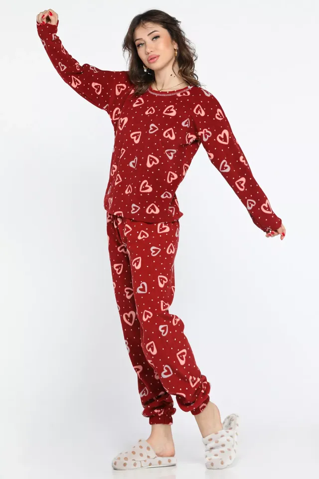 Kadın Bisiklet Yaka Kalp Desenli Polar Pijama Takımı Bordo