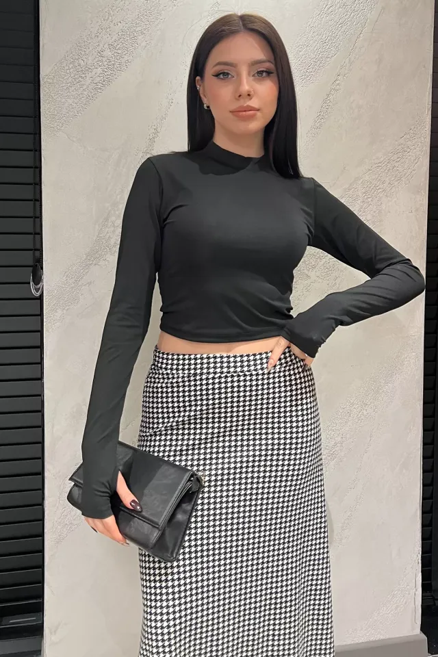 Kadın Bisiklet Yaka Kolu Pencereli Crop Top Bluz Siyah