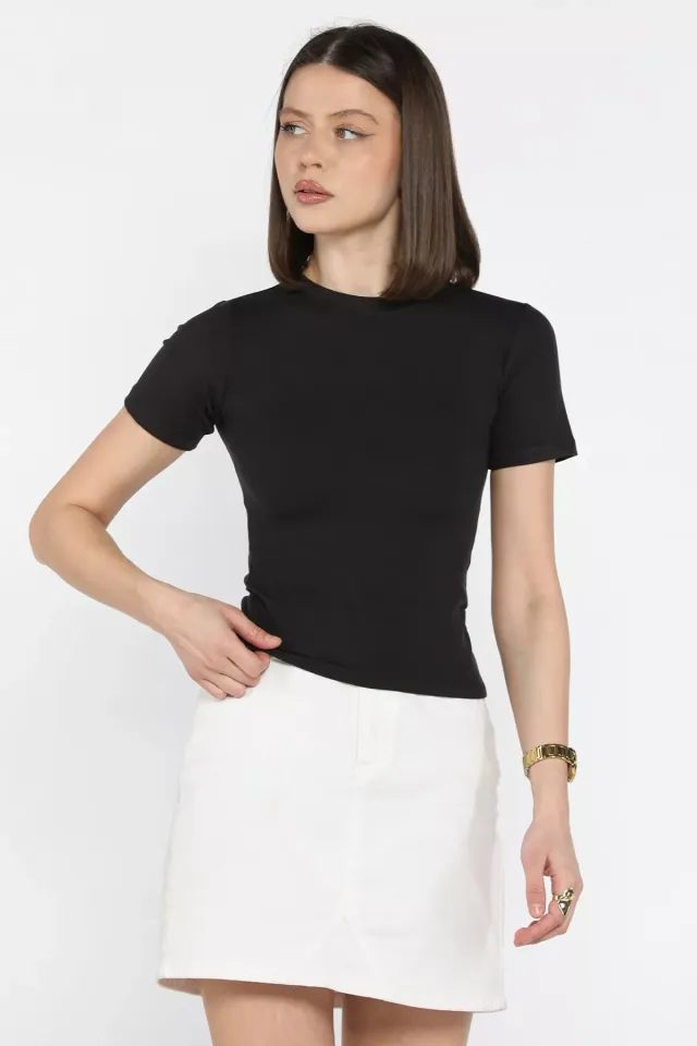 Kadın Bisiklet Yaka Likralı Modal Kumaş Crop Top Bluz Siyah