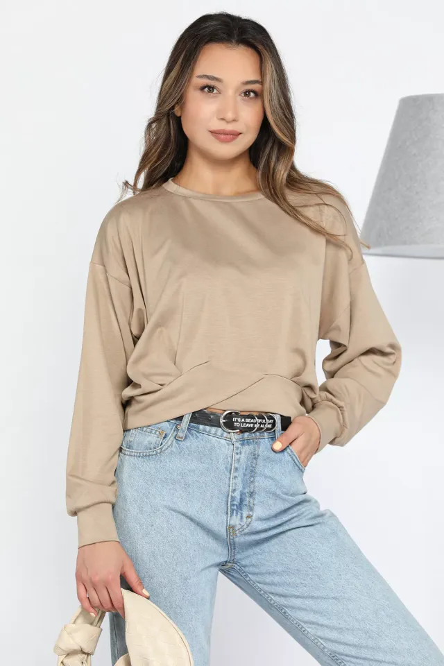 Kadın Bisiklet Yaka Pile Detaylı Sweatshirt Vizon