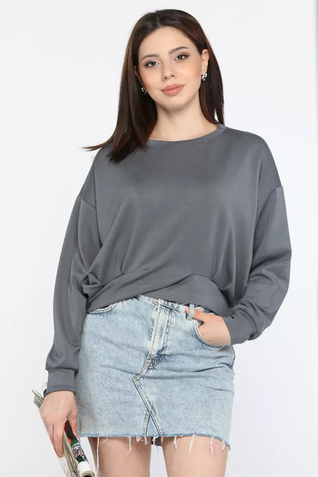 Kadın Bisiklet Yaka Pile Detaylı Sweatshirt Füme