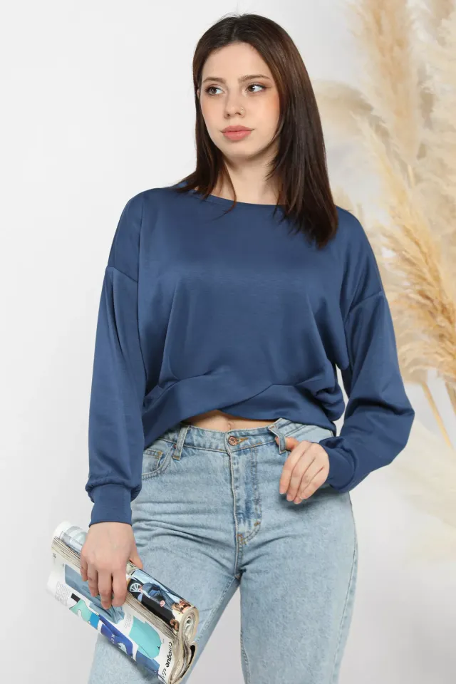 Kadın Bisiklet Yaka Pile Detaylı Sweatshirt Lacivert