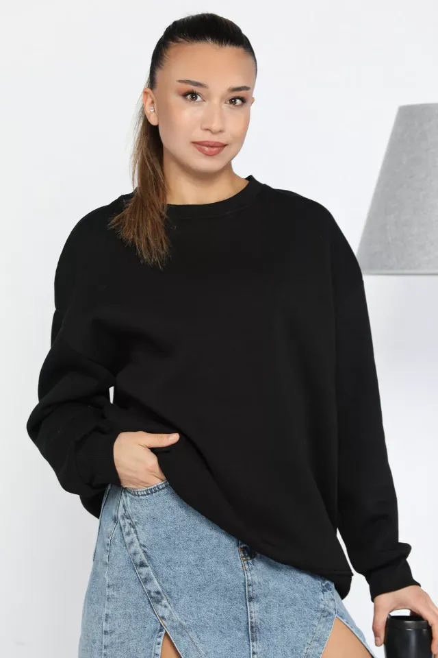 Kadın Bisiklet Yaka Şardonlu Üç İplik Oversize Sweatshirt Siyah