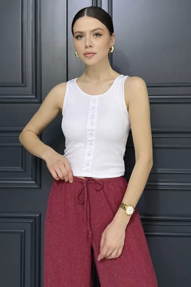 Kadın Bisiklet Yaka Sıfır Kol Likralı Bluz Beyaz