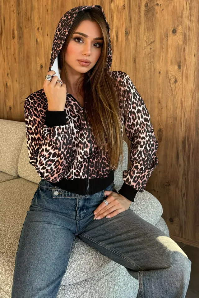 Kadın Dalgıç Kumaş Kapüşonlu Leopar Desen Fermuarlı Sweatshirt Leopar Desen