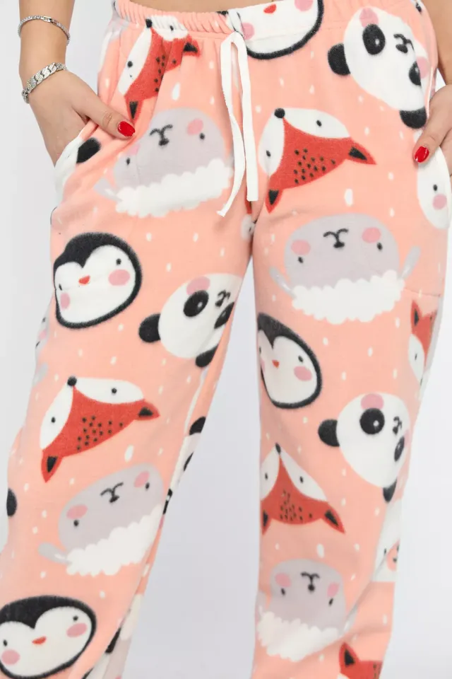 Kadın Desenli Polar Pijama Altı Somon