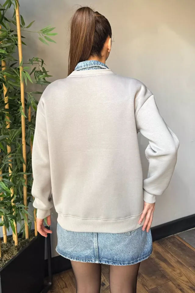 Kadın Fiyonk Nakışlı Şardonlu Sweatshirt Gri