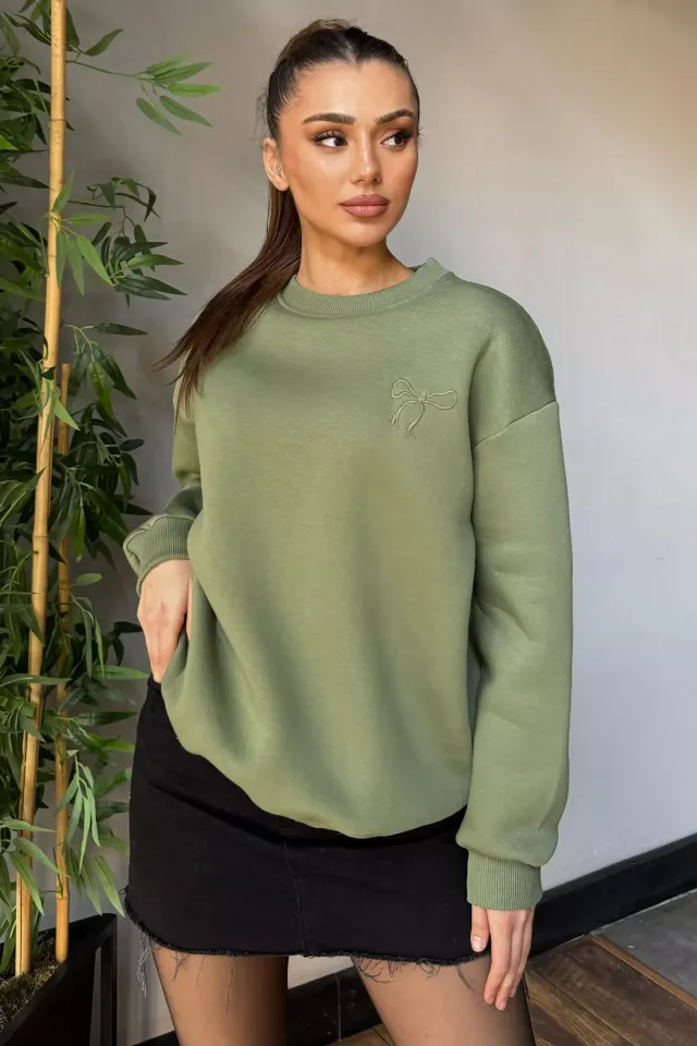 Kadın Fiyonk Nakışlı Şardonlu Sweatshirt Haki