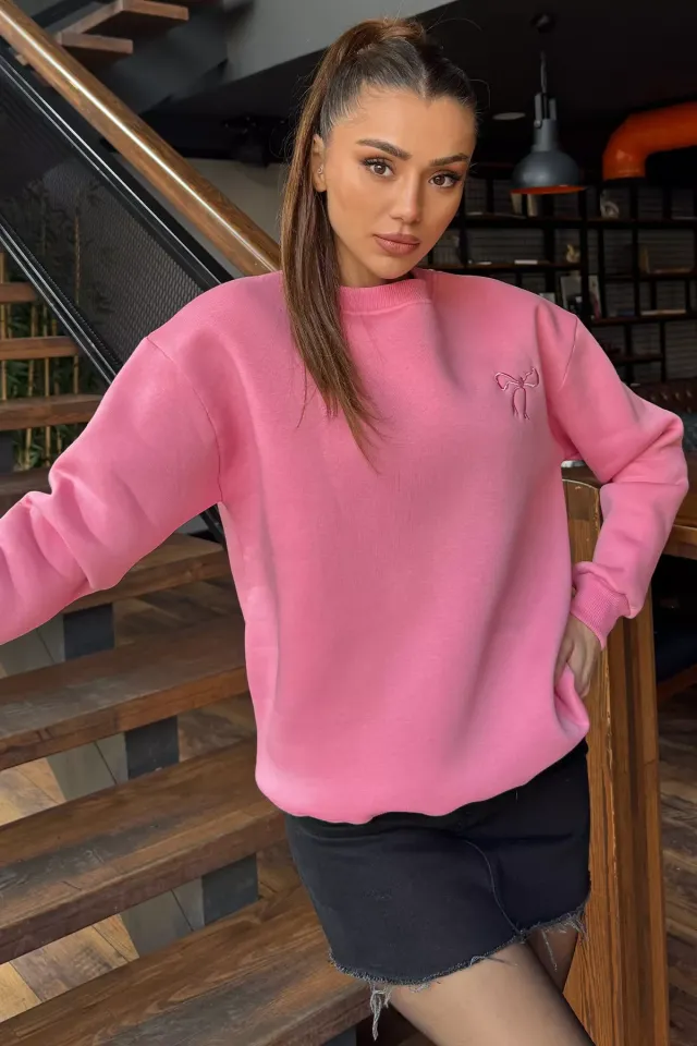 Kadın Fiyonk Nakışlı Şardonlu Sweatshirt Pembe