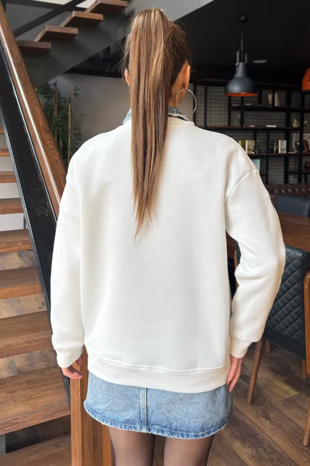 Kadın Fiyonk Nakışlı Şardonlu Sweatshirt Krem