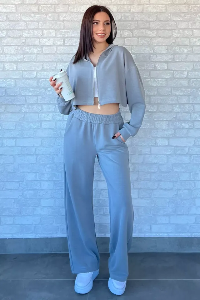 Kadın Kapüşonlu Fermuarlı Crop Top Pantolon İkili Takım Gri