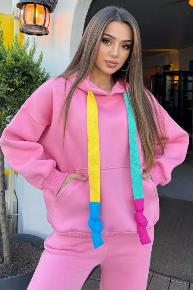 Kadın Kapüşonlu Renkli Şeritli Şardonlu Sweatshirt Pembe