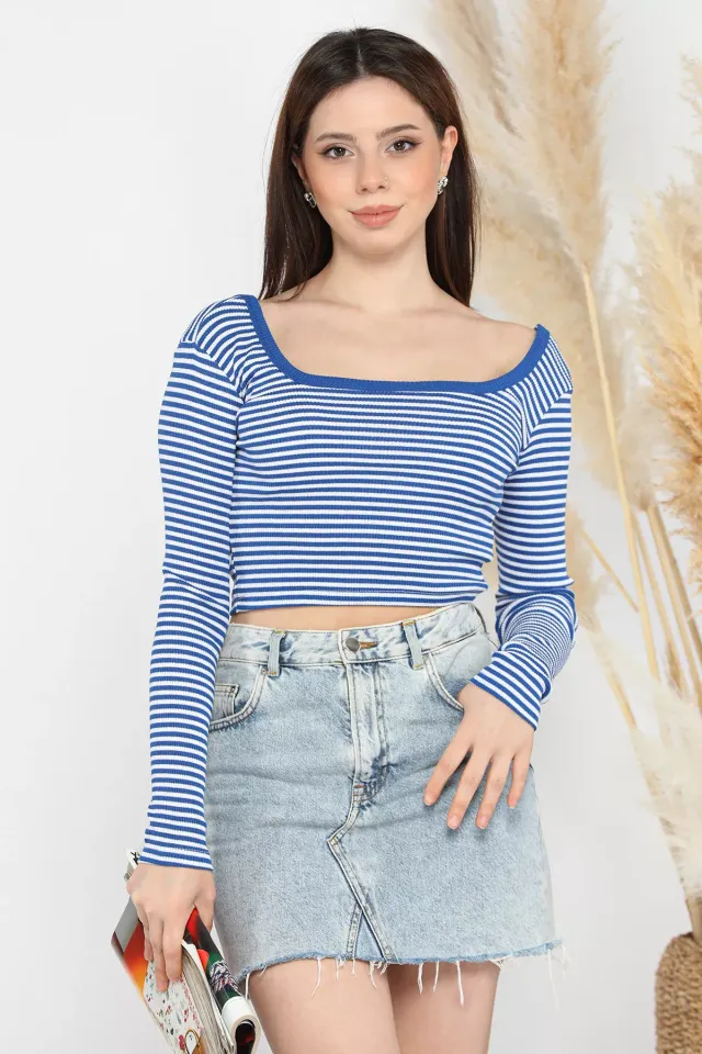 Kadın Kare Yaka Çizgili Kaşkorse Crop Body Bluz Saksmavisi