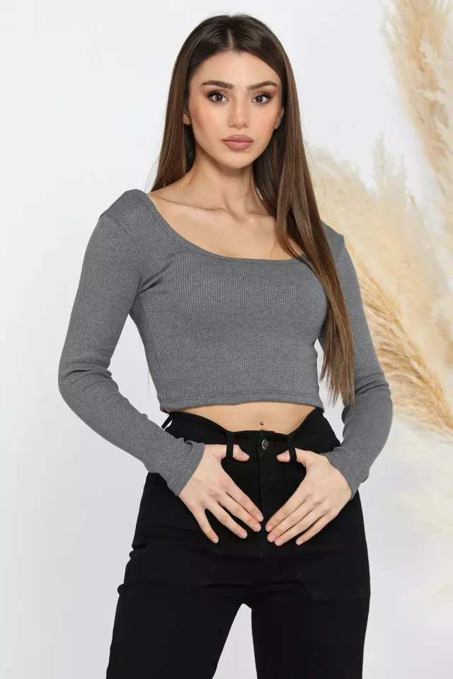 Kadın Kare Yaka Kaşkorse Crop Body Bluz Antrasit