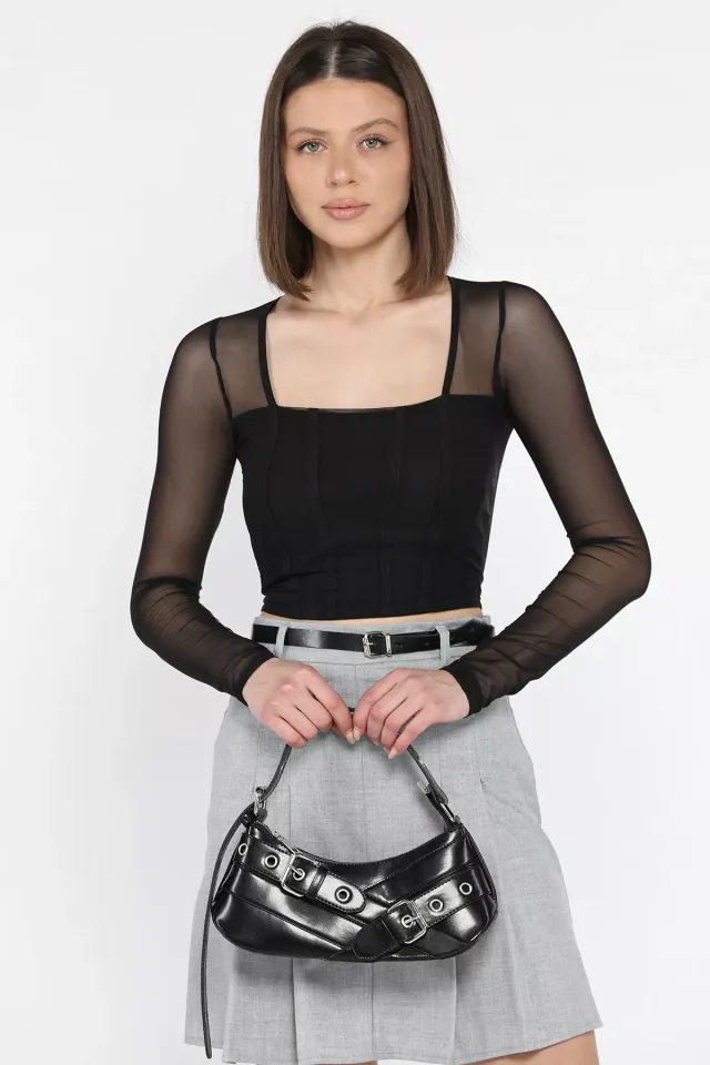 Kadın Kare Yaka Sırt Ve Kol Transparan Crop Top Bluz Siyah