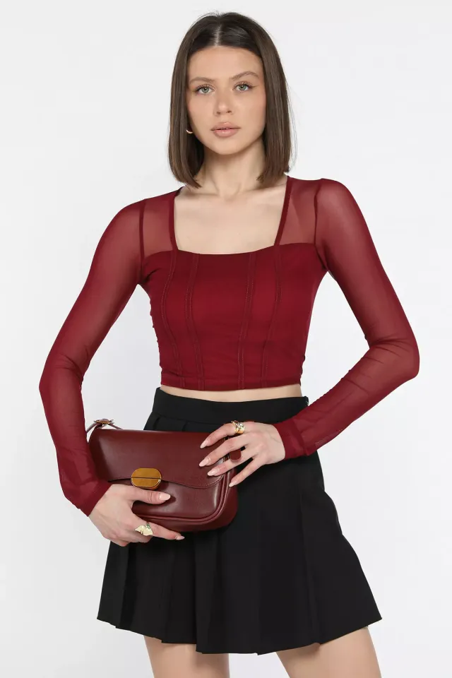 Kadın Kare Yaka Sırt Ve Kol Transparan Crop Top Bluz Mürdüm