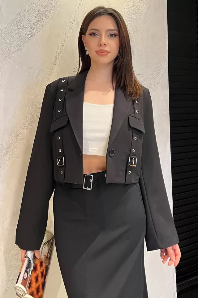 Kadın Kemer Detaylı Astarlı Crop Top Blazer Ceket Siyah