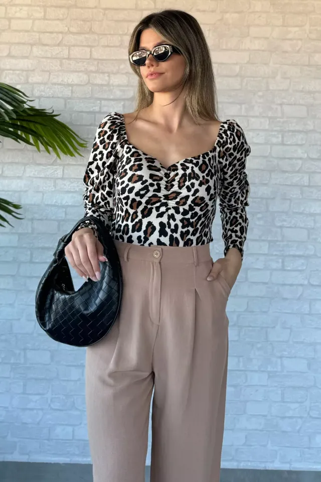 Kadın Leopar Desen Crop Top Bluz Leopar Desen