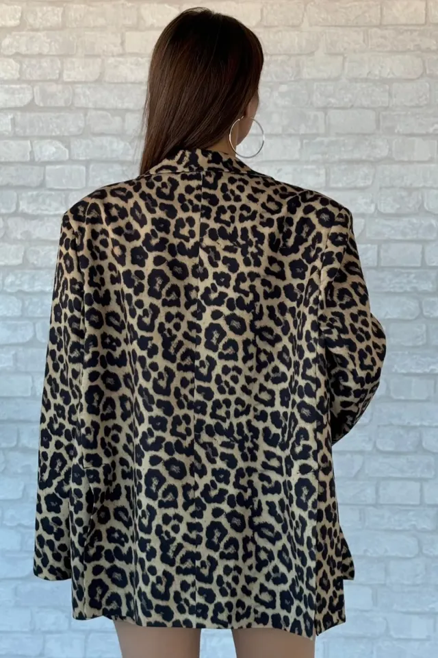 Kadın Leopar Desen Oversize Astarlı Blazer Ceket Leopar Desen