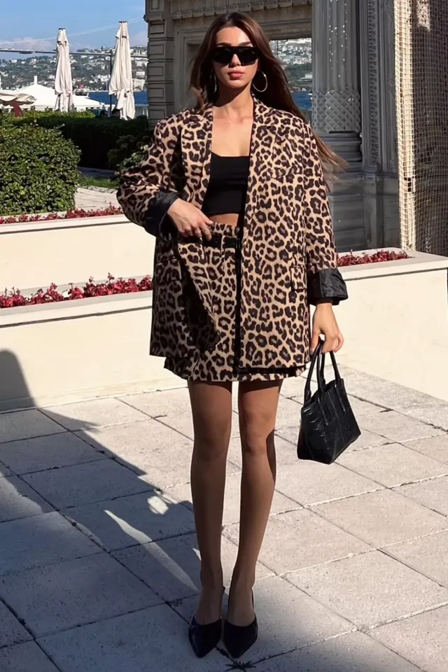 Kadın Leopar Desen Oversize Astarlı Blazer Ceket Leopar Desen