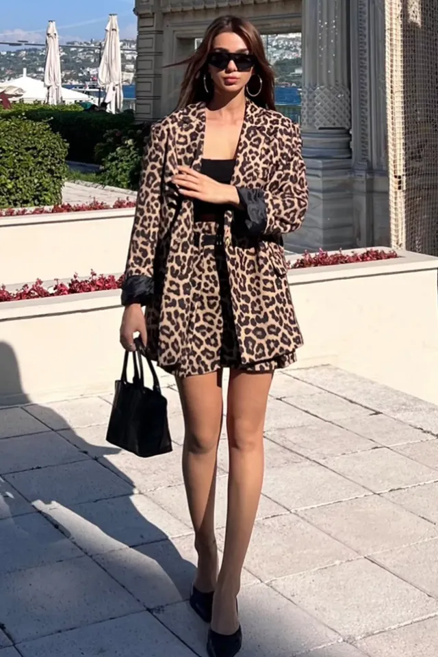 Kadın Leopar Desen Oversize Astarlı Blazer Ceket Leopar Desen