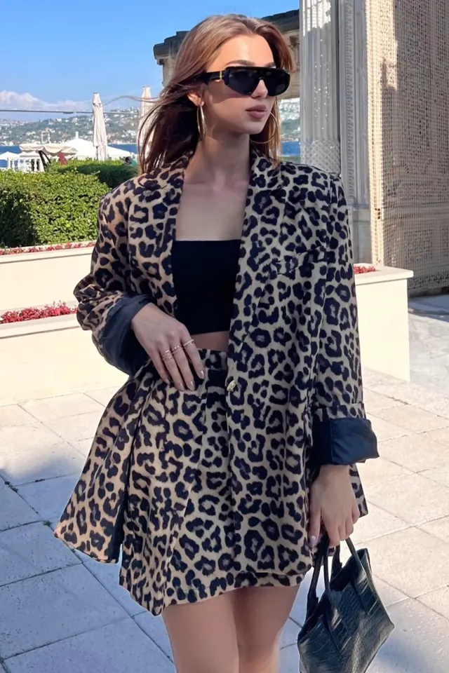 Kadın Leopar Desen Oversize Astarlı Blazer Ceket Leopar Desen