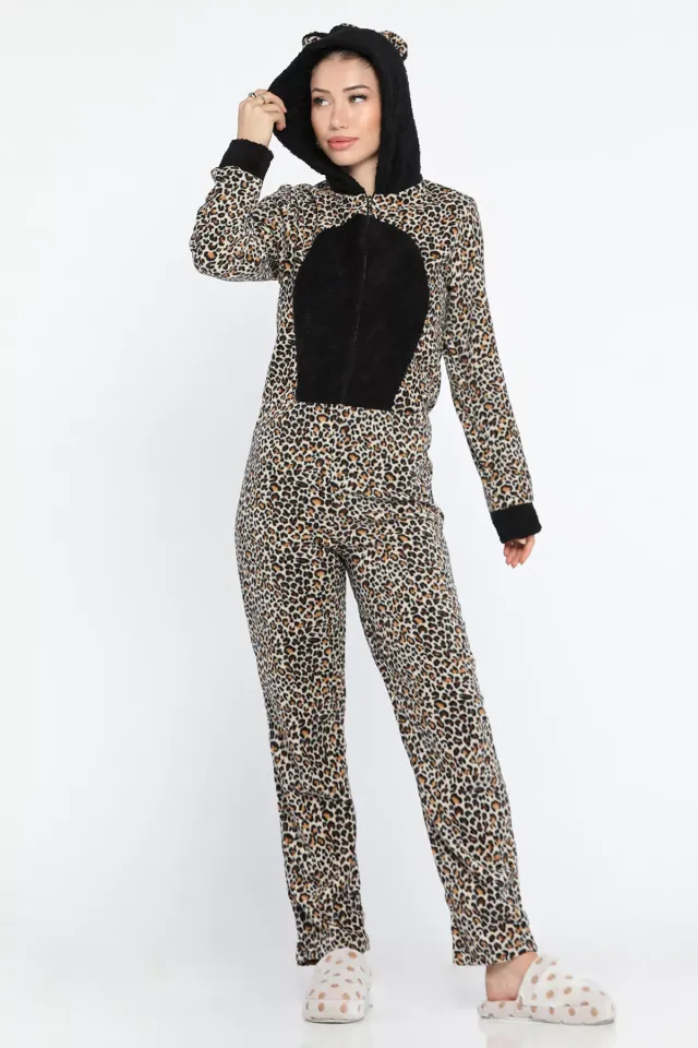 Kadın Leopar Desen Polar Pijama Tulum Leopar Desen