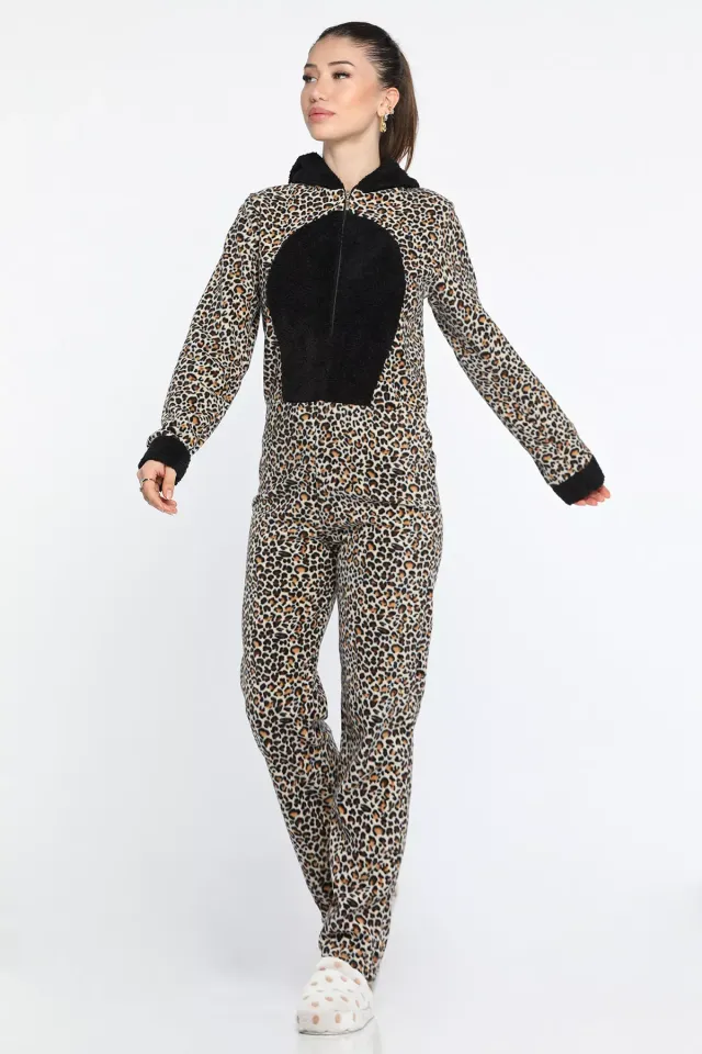 Kadın Leopar Desen Polar Pijama Tulum Leopar Desen