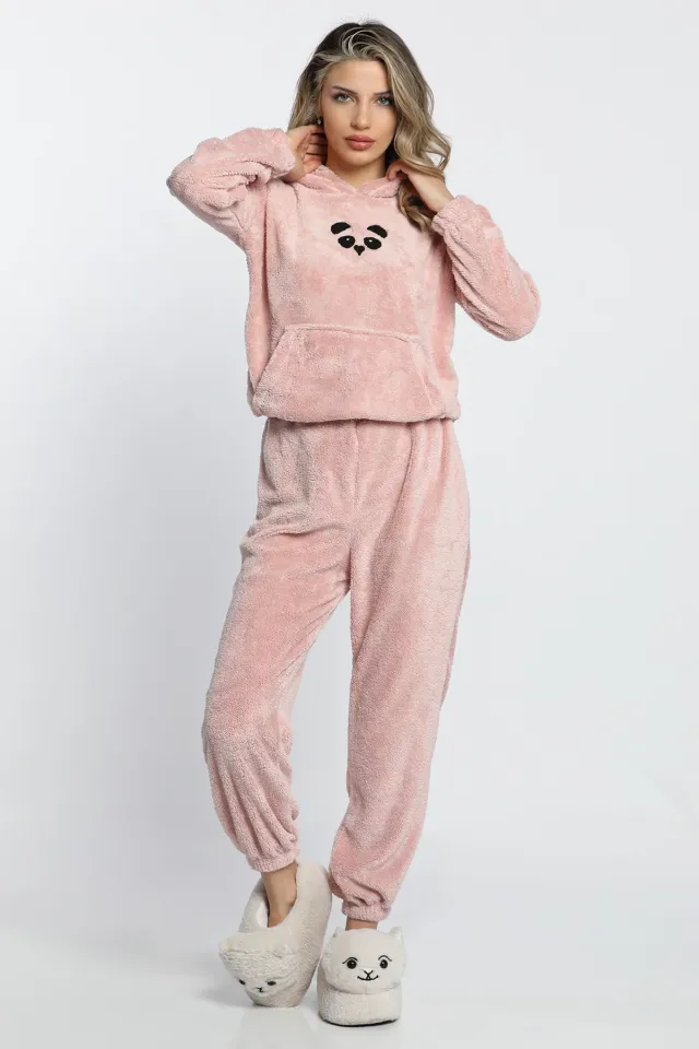 Kadın Nakışlı Peluş Pijama Takımı Pudra