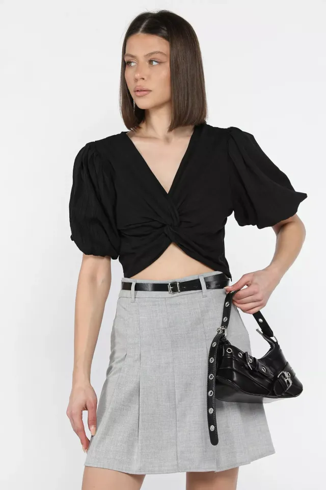 Kadın Ön Düğüm Detaylı Yan Fermuarlı Balon Kol Crop Top Bluz Siyah