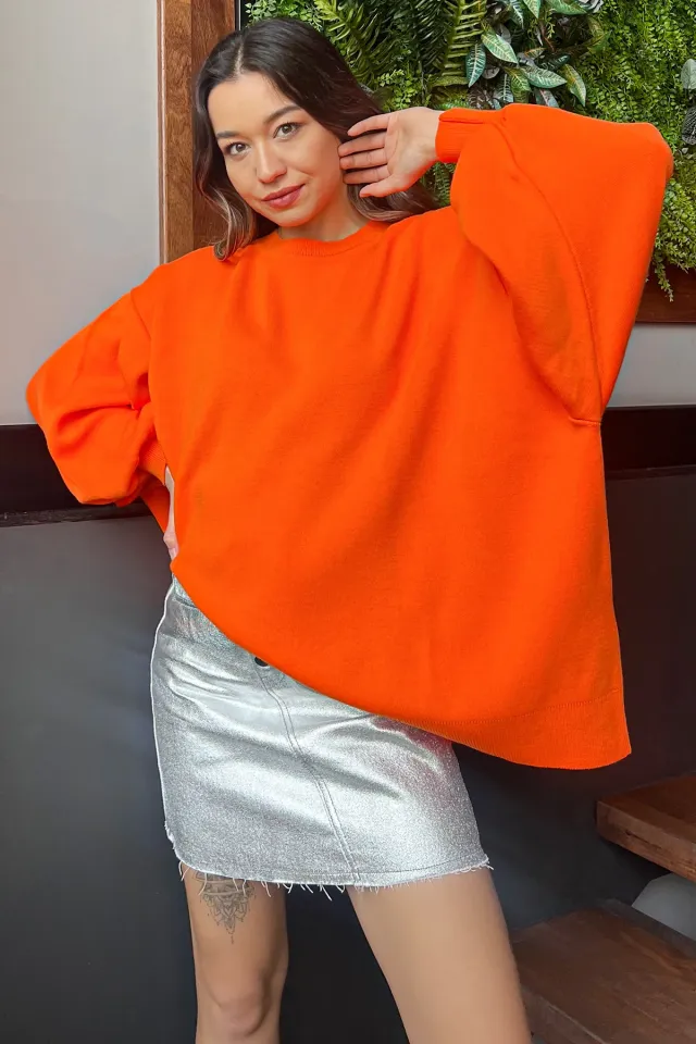 Kadın Oversize Balon Kol Triko Kazak Orange