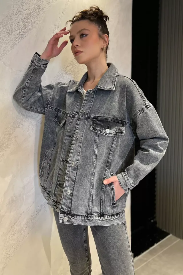 Kadın Oversize Jean Kot Ceket Antrasit