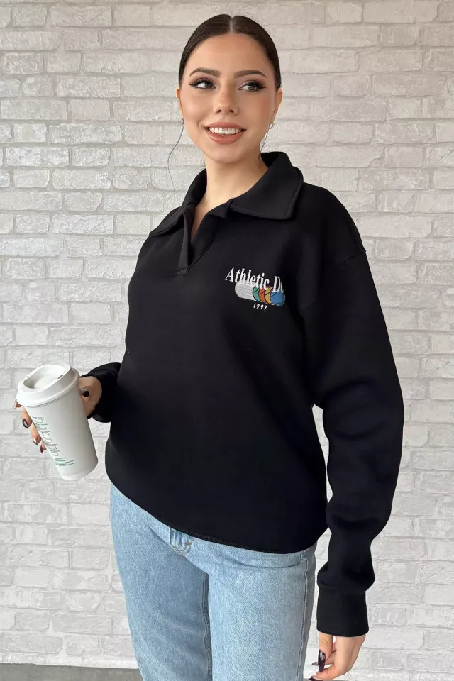 Kadın Polo Yaka Baskılı Şardonlu Sweatshirt Siyah