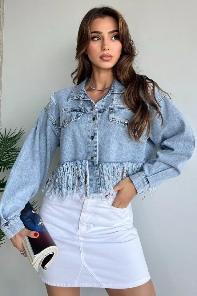 Kadın Püskül Detaylı Crop Top Kot Jean Ceket Buzmavisi