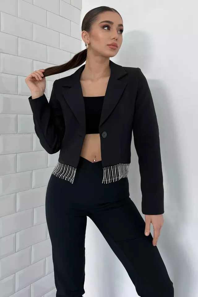 Kadın Sacak Taşlı Slim Fit Crop Blazer Ceket Siyah