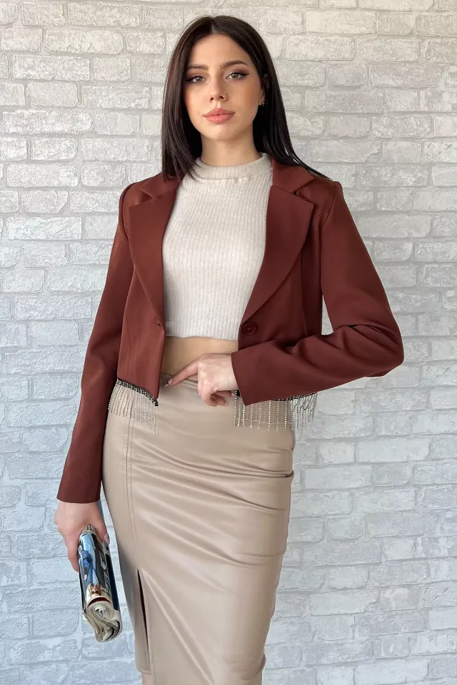 Kadın Sacak Taşlı Slim Fit Crop Blazer Ceket Kahve