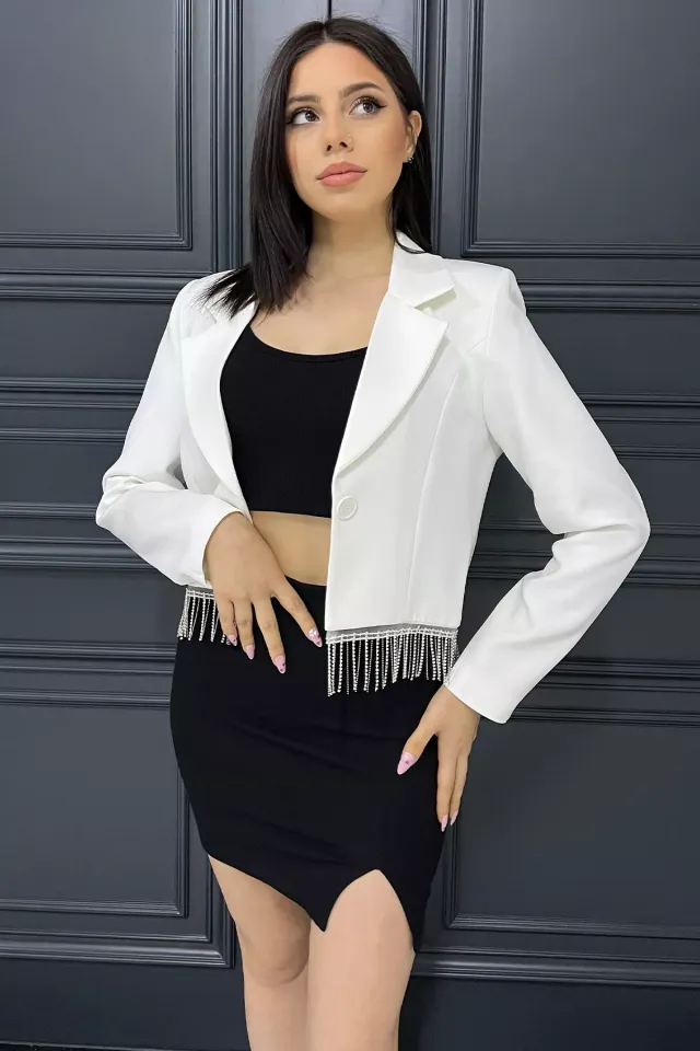 Kadın Sacak Taşlı Slim Fit Crop Blazer Ceket Krem