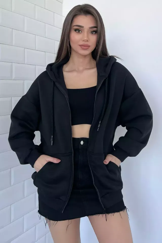 Kadın Şardonlu 3 İplik Kapüşonlu Fermuarlı Sweatshirt Siyah