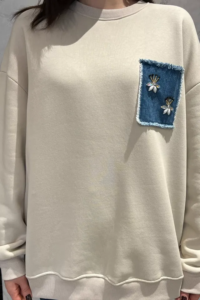 Kadın Şardonlu Kot Garnili Taş Detaylı Sweatshirt Taş