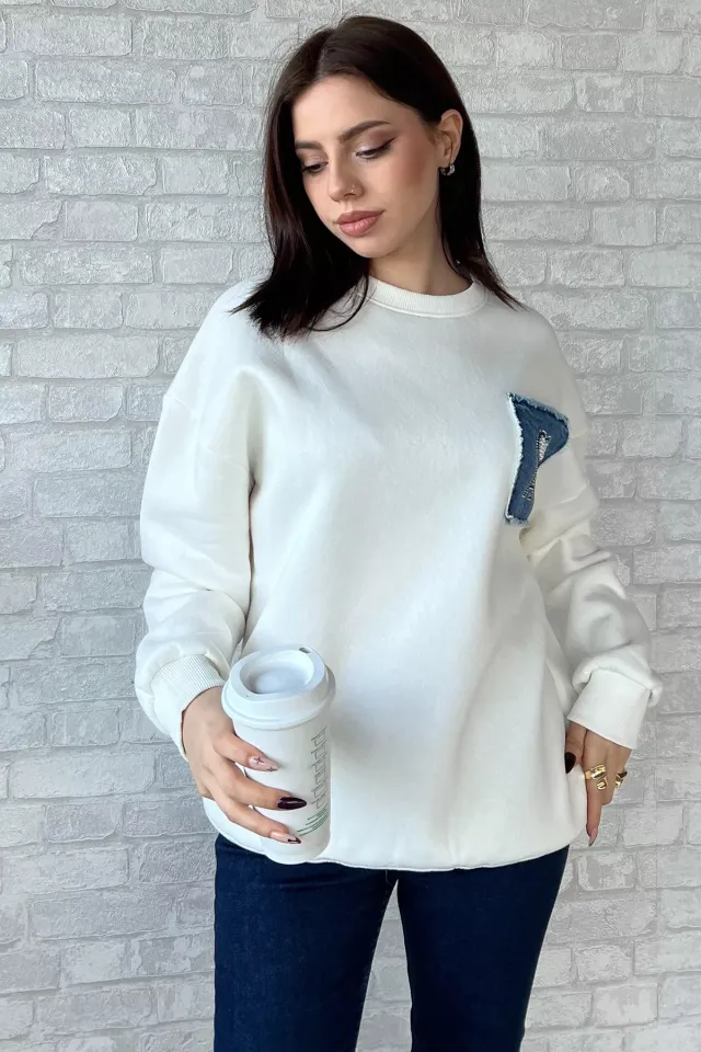 Kadın Şardonlu Kot Garnili Taş Detaylı Sweatshirt Krem