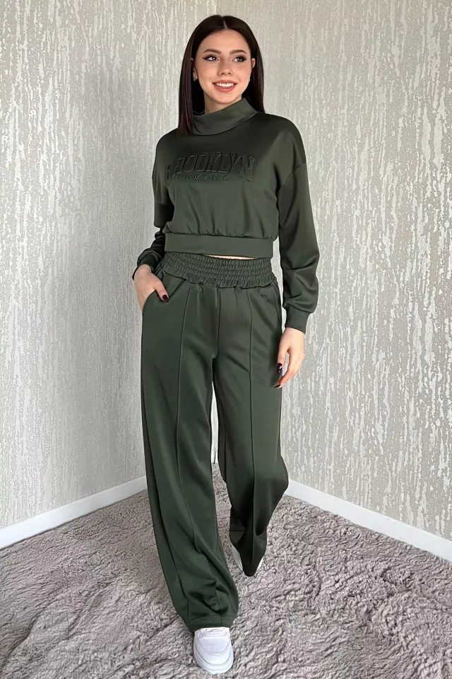 Kadın Scuba Kumaş Kabartma Yazı Baskılı Crop Top Eşofman Takımı Haki