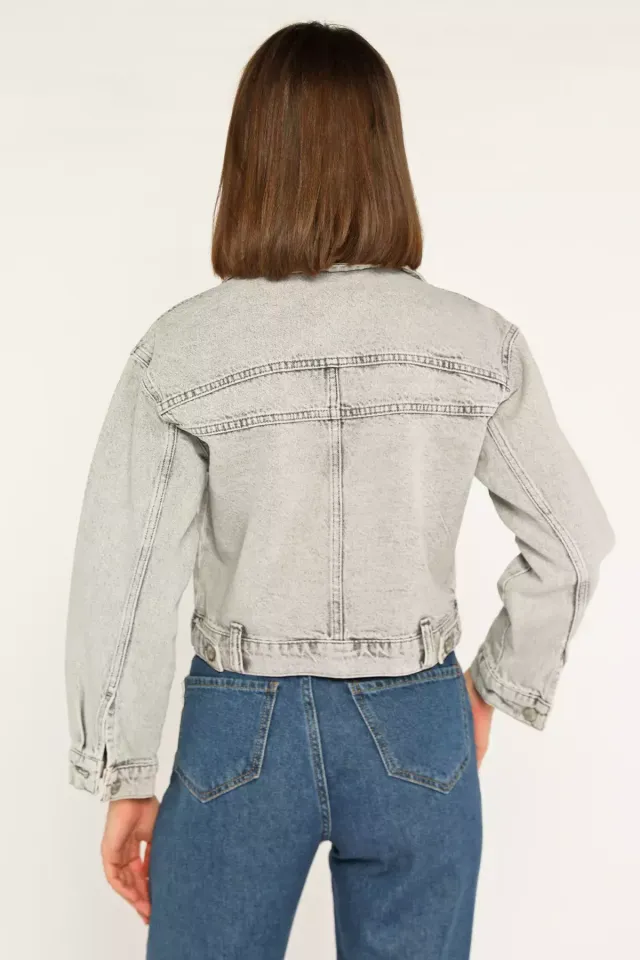 Kadın Slim Fit Jean Kot Ceket Açıkgri