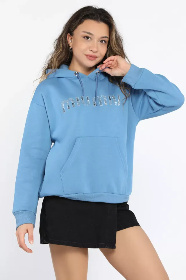 Kadın Taşlı Kapüşonlu Şardonlu Sweatshirt İndigo