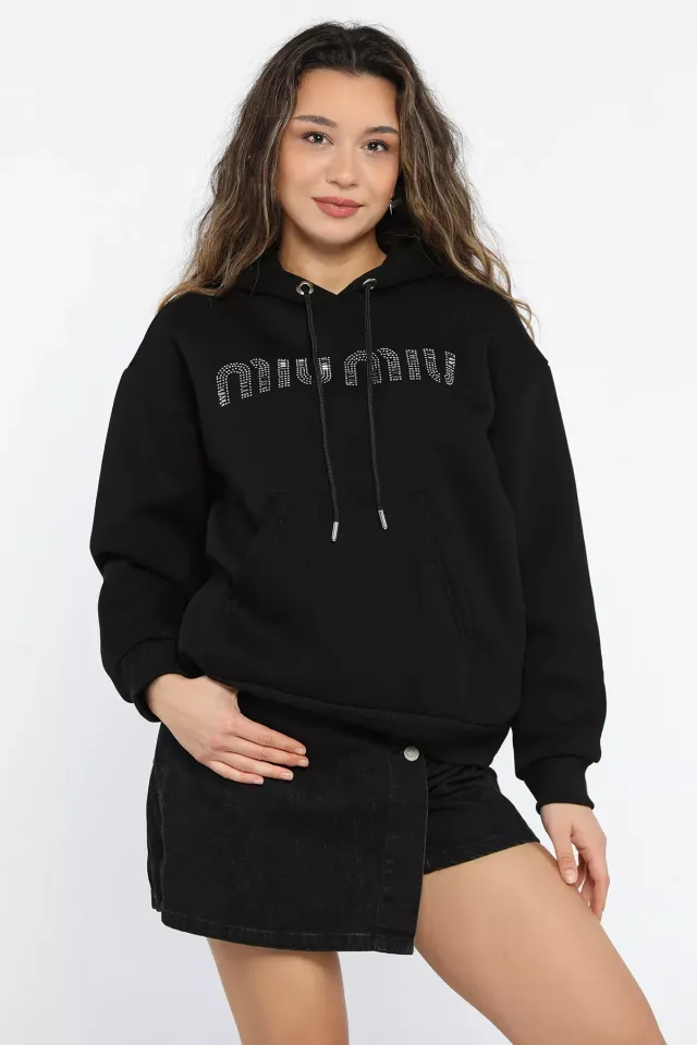 Kadın Taşlı Kapüşonlu Şardonlu Sweatshirt Siyah