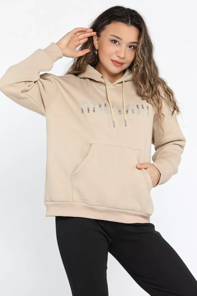 Kadın Taşlı Kapüşonlu Şardonlu Sweatshirt Bej