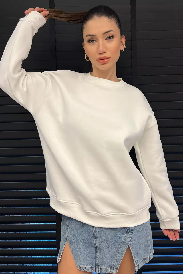 Kadın Üç İplik Şardonlu Bisiklet Yaka Sweatshirt Beyaz