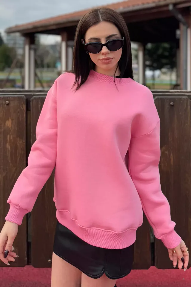 Kadın Üç İplik Şardonlu Bisiklet Yaka Sweatshirt Pembe