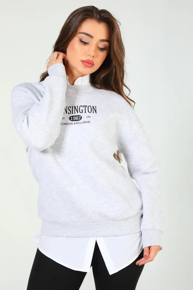 Kadın Bisiklet Yaka Üç İplik Şardonlu Baskılı Sweatshirt Gri