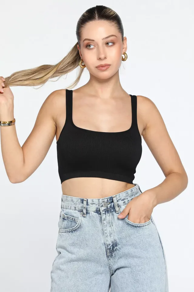 Kalın Askılı Fitilli Crop Top Bluz Siyah