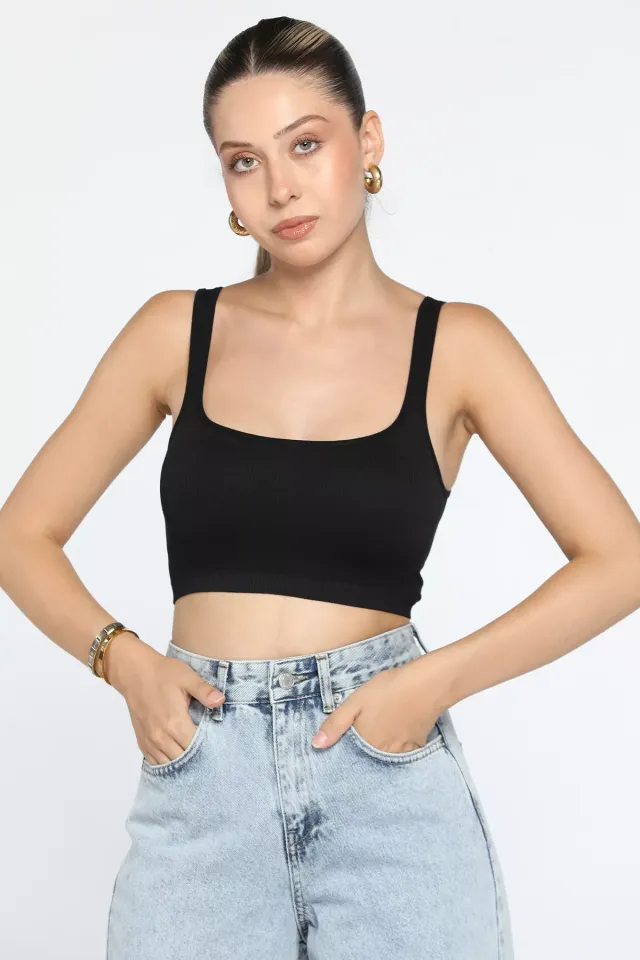 Kalın Askılı Fitilli Crop Top Bluz Siyah